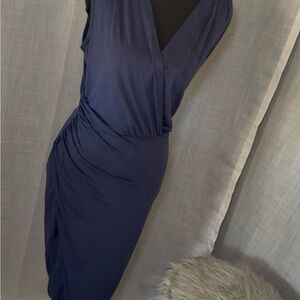 Elegant Navy Blue Deep V Neck & V Back Bodycon Midi Dress